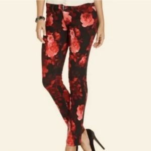 Seven7 Black And Red Floral Fitted Stretch Straight Leg Boho Jeans Size 10